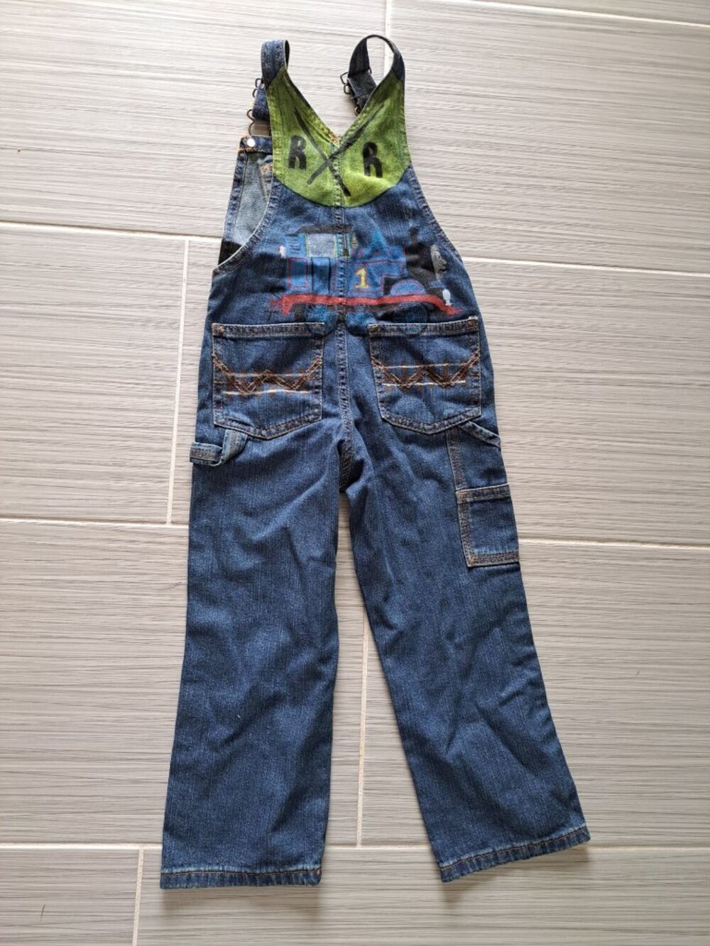 Vtg Hand Painted Thomas Friends Train Denim Bib Overalls Adjustable Pockets 5T - Picture 9 of 11